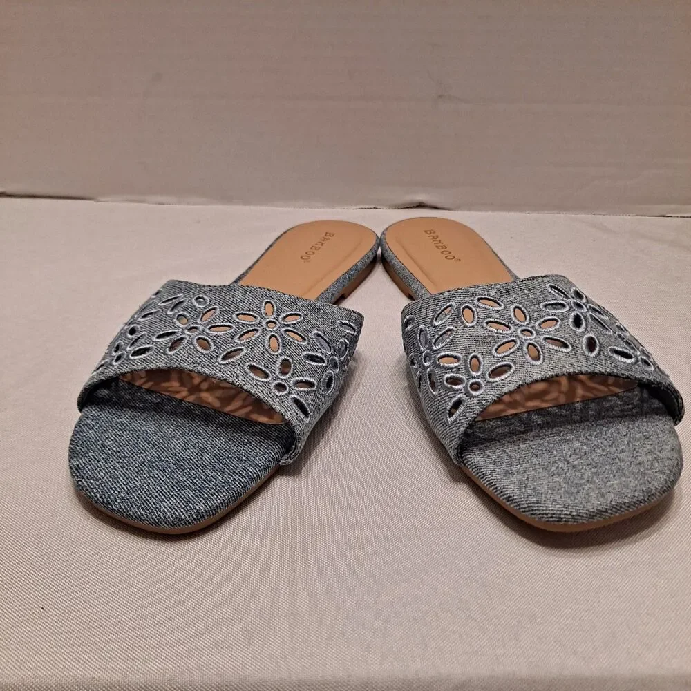 Bamboo Women's Denim Slide Sandals Size 8.5 Blue Floral Embroidered Perforated